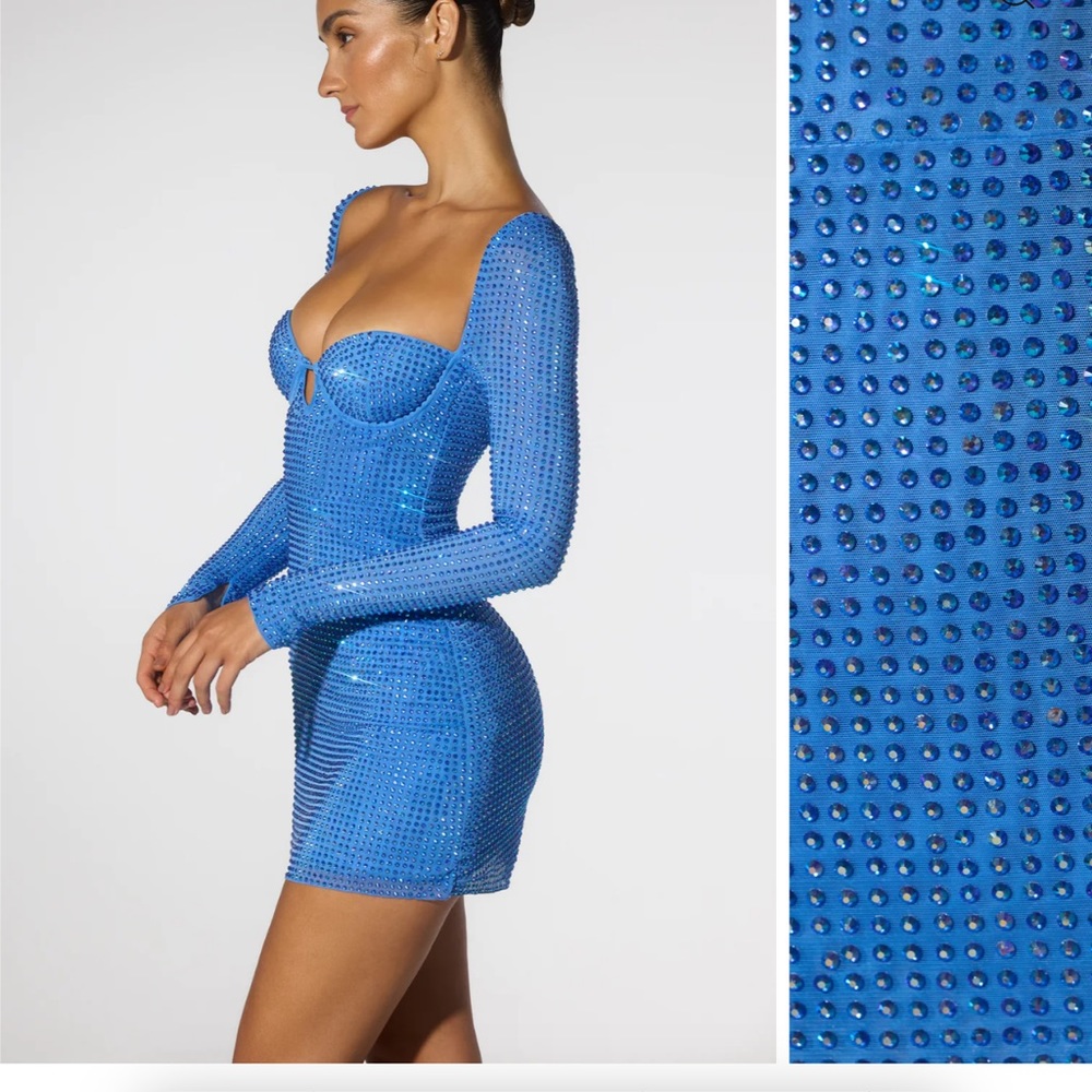 oh polly NWT Embellished Corset Open Back Long Sleeve Mini Dress in Cobalt Blue